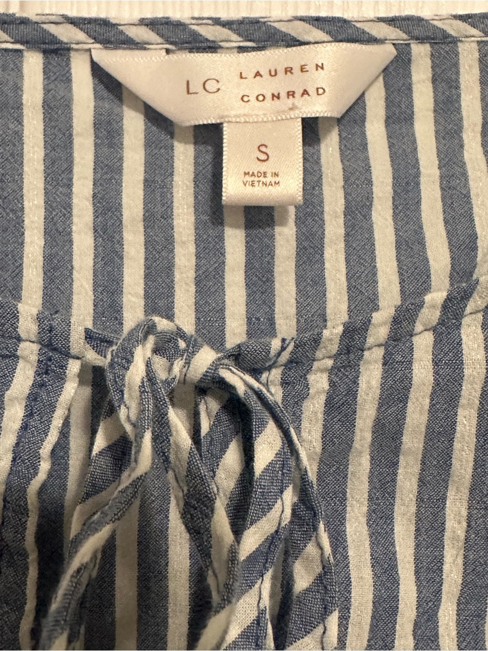 LC Lauren Conrad Blue & White Striped Ruffle Tie-Neck Blouse - Picture 2 of 6